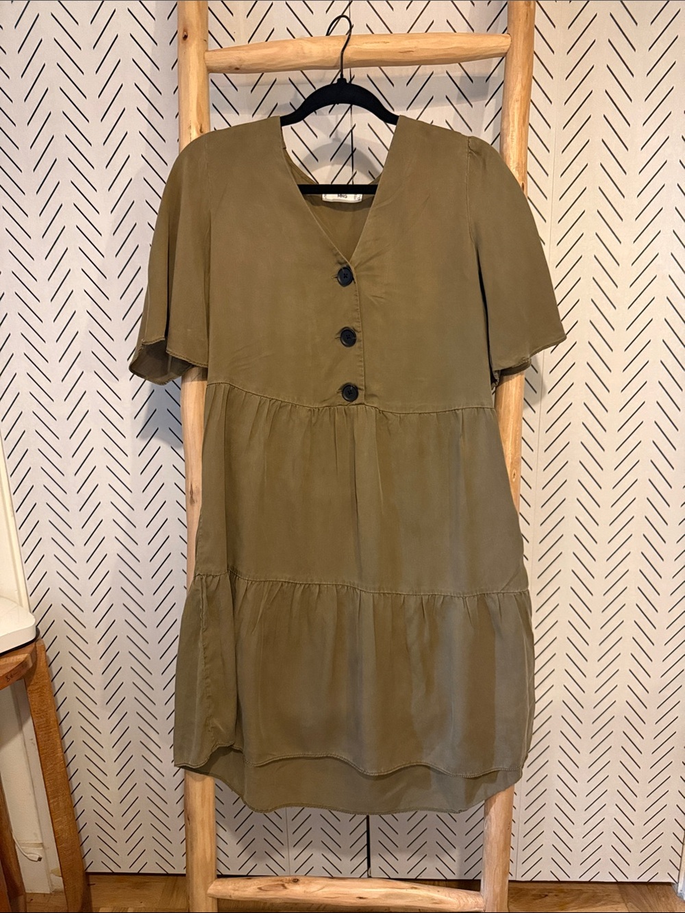 Mango MNG Rita Buttoned Mini Smock Dress in Olive Green